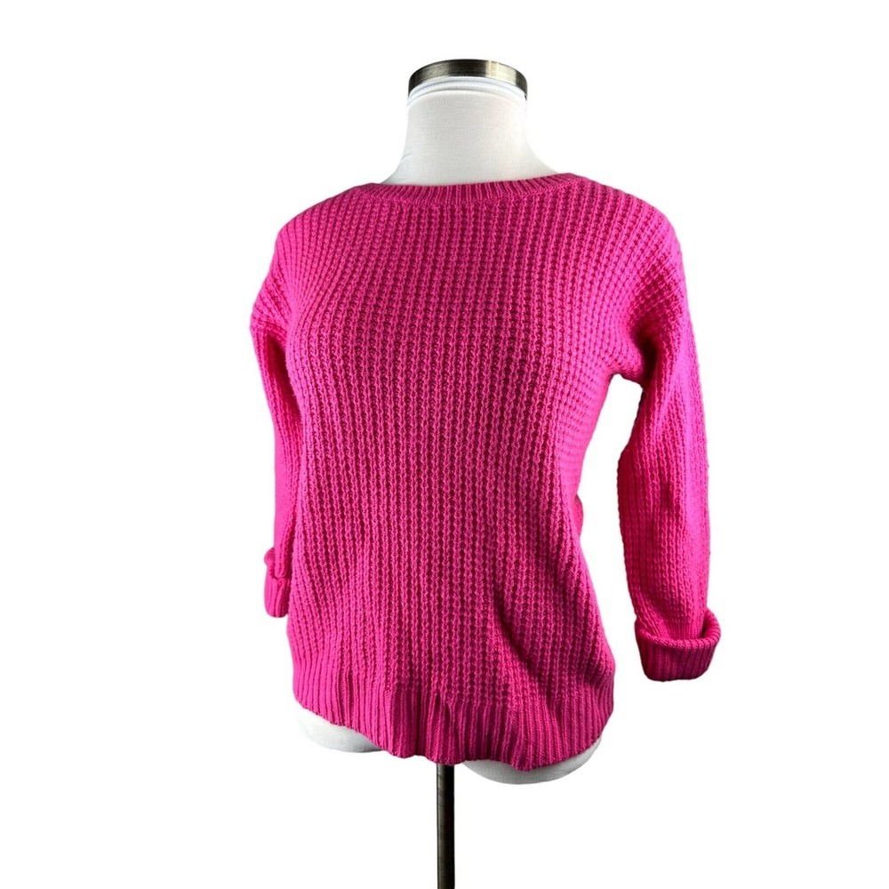 Garnet Hill Waffle Knit Crewneck Cashmere Wool Sweater Pink Pockets Size Small - Picture 5 of 16